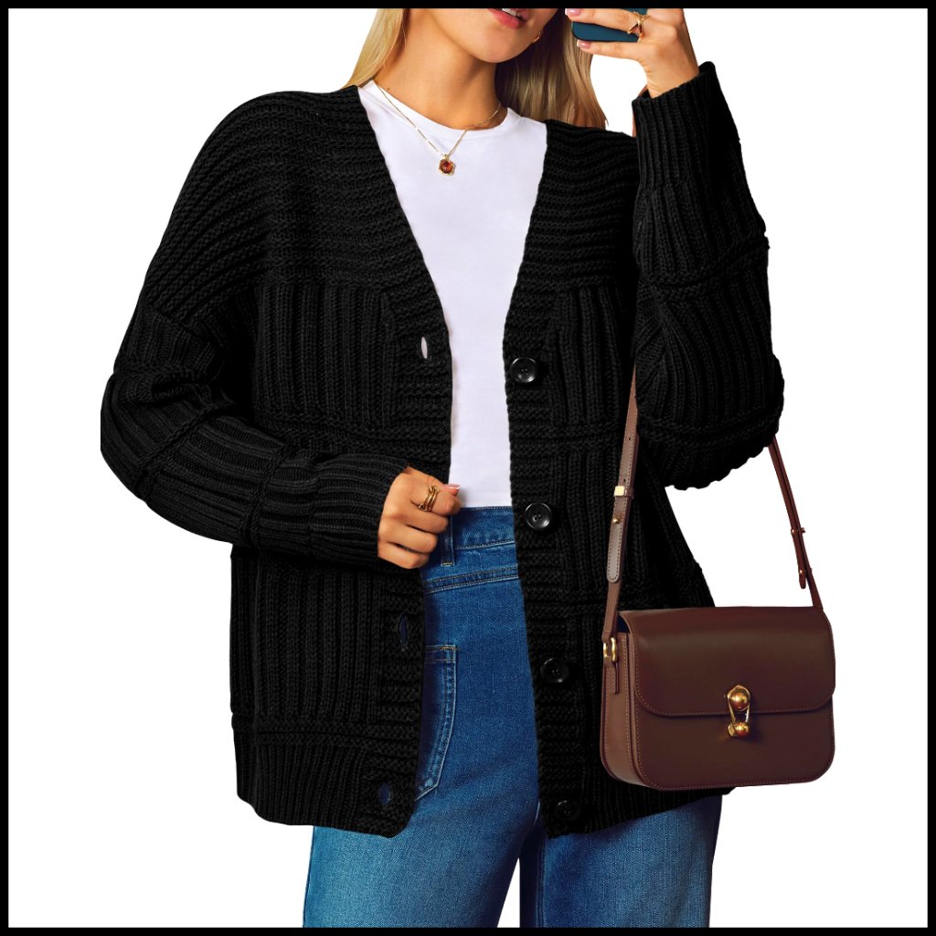 Wool Blend Chunky Knit Cardigan Sweater, V-Neck Open Front, Relaxed Fit